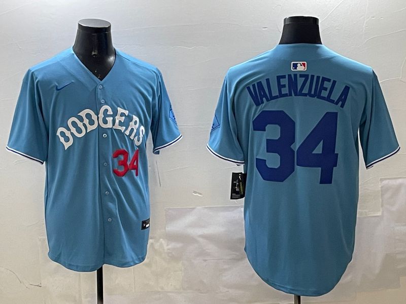 Men Los Angeles Dodgers #34 Valenzuela Light Blue Joint Name 2025 Nike MLB Jersey style 31622